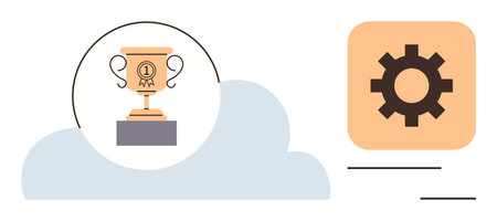 Trophy atop podium symbolizing success paired with technical gear icon. Ideal for accomplishment ideas, innovation, teamwork, efficiency, productivity, technology, goal-setting. Simple flat metaphorのイラスト素材