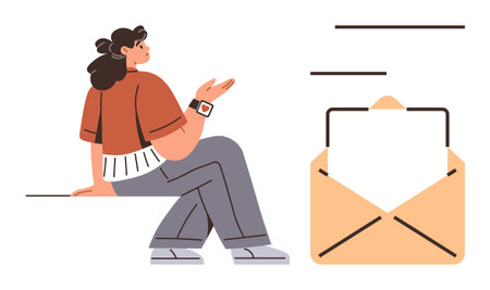 Woman gesturing with hand seated near large open envelope with paper. Ideal for communication, correspondence, messaging, idea exchange, outreach, interaction, digital conversation. Clean simple flatのイラスト素材