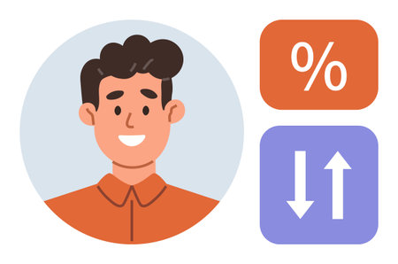 Portrait of smiling person with percentage sign and up-down arrows symbolizing calculation, finance,...