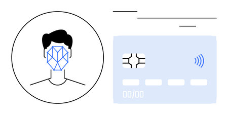 Person with facial recognition scanner and smart card highlights biometrics, security, contactless payment. Ideal for technology, security, ID verification, convenience, AI integration, fintechのイラスト素材