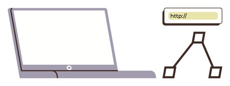 Laptop next to URL bar and flowchart diagram, symbolizing web development, digital strategy, and online workflows. Ideal for technology, networking, education, business planning, designのイラスト素材