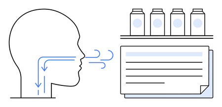 Human head with airflow diagram, medication bottles, documents visually explaining breathing and treatment. Ideal for health education, medical training, wellness, respiratory health, healthcareのイラスト素材