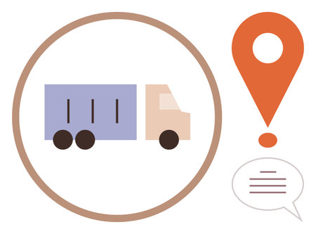 Minimalistic truck inside a circle with orange location pin and speech bubble. Ideal for delivery, logistics, shipment tracking, transportation, navigation, supply chain, communication. Simple flatのイラスト素材