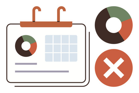 Calendar with pie charts, grid layout, and cross symbol. Ideal for planning, scheduling, project management, business strategy, deadline tracking, analytics time organization simple flat metaphorのイラスト素材
