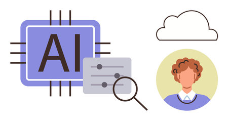 AI chip with text, document under magnifying glass, cloud icon, and person portray data analysis, machine learning, personalization, innovation, and technology integration. Ideal for AI dataのイラスト素材
