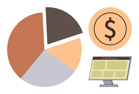Pie chart with four sections, dollar inside orange circle, computer screen displaying browser interface. Ideal for finance, data management, budgeting, e-commerce, analysis, investment financialのイラスト素材