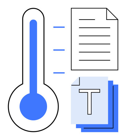 Thermometer with gradient fill, documents with lines and text symbol connected by lines. Ideal for data, report, measurement, health, temperature, analysis, simple landing pageのイラスト素材
