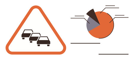 Traffic warning sign with car queue in triangular frame beside pie chart analyzing congestion data. Ideal for traffic control, road safety, data analysis, urban planning, statistics, vehicle studiesのイラスト素材
