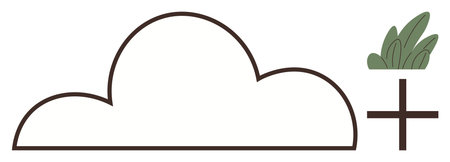 Cloud outline paired with a green plant and plus sign symbolizes environmental sustainability, ecological progress, and positive growth. Ideal for nature, environment, innovation, renewable energyのイラスト素材