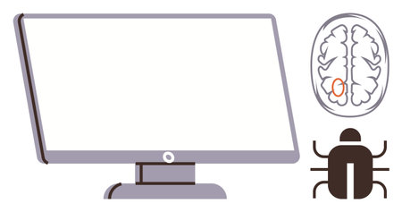 Computer screen alongside brain diagram and bug insect evokes programming, neuroscience,...