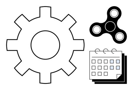 Gear, fidget spinner, and calendar evoke themes of productivity, focus, and planning. Ideal for strategy, organization, workflow efficiency time management focus innovation. Simple flat metaphorのイラスト素材