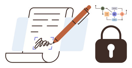Pen signs a document with a signature highlight, connected to a flowchart of blockchain and AI process, plus a security lock. Ideal for digital authentication, blockchain, AI, cybersecurityのイラスト素材
