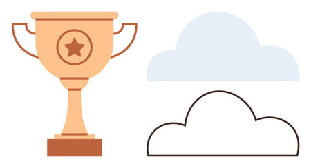 Golden trophy with a star symbol, paired with outlined and solid clouds. Ideal for success, achievement, competition, inspiration, goal-setting, recognition and motivation. Simple flat metaphorのイラスト素材