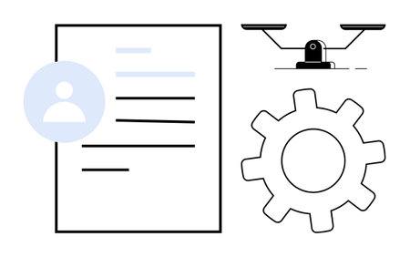 Document with highlighted profile icon, gear symbol for process control, and balance scale for fairness. Ideal for workflow, management, HR, productivity, equality, decision-making simple flatのイラスト素材
