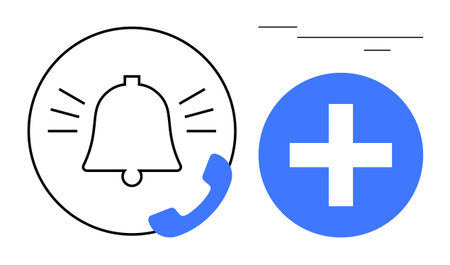 Bell with phone symbol indicating notifications paired with blue plus symbol for healthcare, assistance, or addition. Ideal for communication, medicine, healthcare, notifications, alerts, supportのイラスト素材
