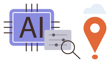 AI chip, settings interface, magnifying glass, location pin, and cloud emphasize data processing, optimization, and location tracking. Ideal for technology, automation AI research navigationのイラスト素材