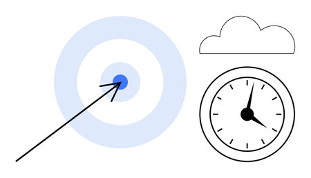 Arrow strikes blue bullseye, clock shows time awareness, and a cloud suggests ideas or flexibility. Ideal for themes of success, precision, time management, planning, productivity, strategyのイラスト素材