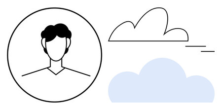 Minimalist face outline inside a circle with two abstract clouds and lines symbolizing creativity, identity, and connection. Ideal for profiles, imagination, networking, simplicity, introspectionのイラスト素材
