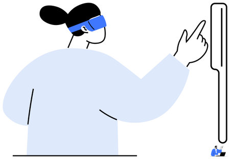 Person wearing VR headset interacting with a futuristic touchscreen. Ideal for technology, innovation, virtual reality, user experience, digital interaction, education, and entertainment conceptsのイラスト素材