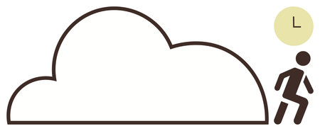 Simplistic design of a figure leaving a cloud with a minimalistic clock, symbolizing cloud storage, time, and transition. Ideal for technology, data management, productivity, simplicity, cloudのイラスト素材