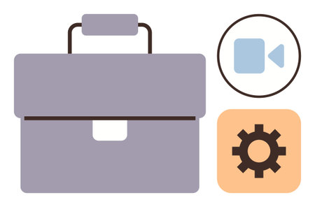 Minimalist briefcase alongside video call and gear objects symbolizing business tools, remote work, and technology. Ideal for business, productivity, teamwork, planning, tech, communication simpleのイラスト素材
