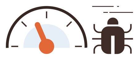 Speedometer with orange needle and a bug icon depicting code performance and debugging. Ideal for programming, debugging, optimization, testing, quality control, productivity, simple flat metaphorのイラスト素材