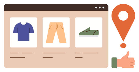 Online store interface showcasing shirt, pants, and shoes. Includes a large location pin and thumbs-up sign. Ideal for e-commerce, navigation, product selection, user feedback, shopping retailのイラスト素材