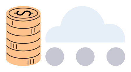 Stack of coins next to a cloud with circular elements beneath it emphasizing financial technology, banking, digital storage, monetary solutions, cost efficiency, data management, simple flat metaphorのイラスト素材