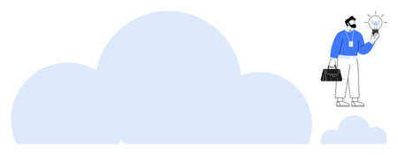 Professional figure with briefcase holding glowing light bulb, representing innovation and creativity. Ideal for startup, brainstorming, entrepreneurship, innovation, cloud computing, businessのイラスト素材