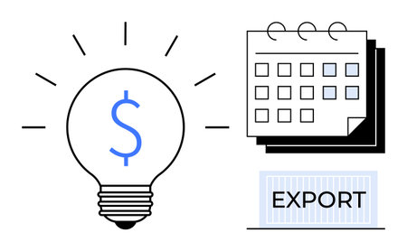 Lightbulb with dollar sign for creative financial ideas, calendar for planning and scheduling, export crate for global trade. Ideal for business, finance, logistics, strategy, innovation, marketingのイラスト素材
