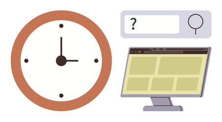 Clock showing time, search bar with magnifier and monitor. Ideal for productivity, time tracking,...