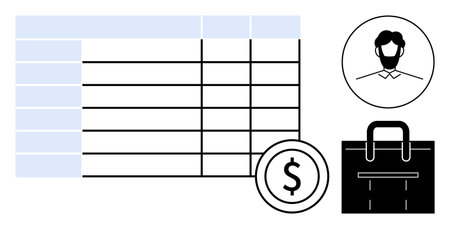 Table grid with data columns, dollar coin symbol, businessman profile, and briefcase. Ideal for finance, HR, payroll, analysis organization investment planning and management. Simple flat metaphorのイラスト素材