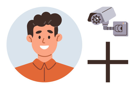 Smiling male avatar alongside a surveillance camera and cross sign. Ideal for themes thumbs up security, privacy, identity, monitoring, technology, safety, and observation. Simple flat metaphorのイラスト素材