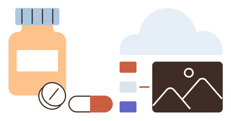 Medicine bottle with pills next to image and chart in cloud storage. Ideal for healthcare, technology, data management, e-health, medication tracking, cloud computing, modern solutions. Simple flatのイラスト素材
