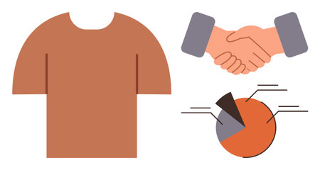 T-shirt, handshake, and pie chart convey cooperation, fashion industry, market analysis, and teamwork. Ideal for partnerships, business planning, collaboration clothing retail entrepreneurshipのイラスト素材