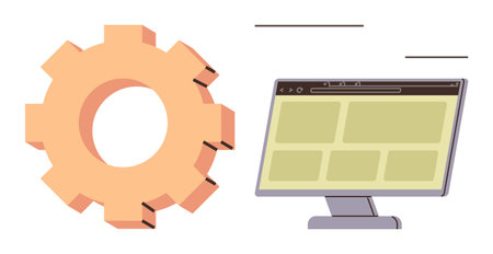 Large gear beside computer monitor with grid layout on the screen, symbolizing technology, automation, and efficiency. Ideal for business, industry, productivity, workflow, engineeringのイラスト素材