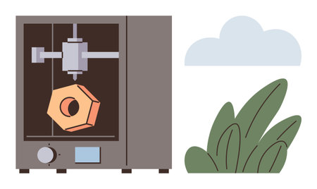3D printer crafting hexagonal object, surrounded by cloud and leaf graphics. Ideal for innovation,...