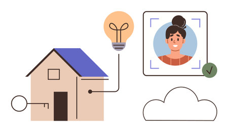 House with key, lightbulb, biometric facial recognition, and cloud symbolizing smart home technology. Ideal for security, technology, innovation, automation identity privacy connection. Simpleのイラスト素材