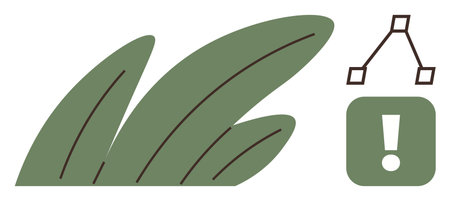 Green grass blades paired with an alert icon and vector editing tool. Ideal for eco-awareness, gardening, environmental safety, climate impact, conservation, design tools, and warnings. Simple flatのイラスト素材