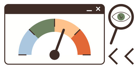 Colorful gauge displaying performance levels, pointer in medium range, magnifying glass highlighting analysis and accuracy. Ideal for analytics, monitoring, evaluation, data tracking, optimizationのイラスト素材
