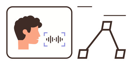 Face with sound waves depicting speech recognition, interconnected neural nodes symbolizing AI functionality. Ideal for AI, technology, speech processing, deep learning, sound analysis, innovationのイラスト素材