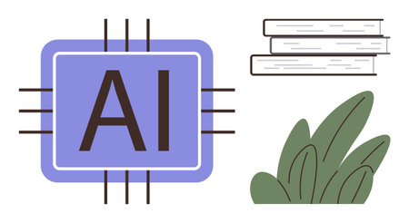 AI processor chip alongside stacked books and lush green leaves. Ideal for technology, education, innovation, sustainability, knowledge sharing, future development, digital advancement. Minimalistのイラスト素材