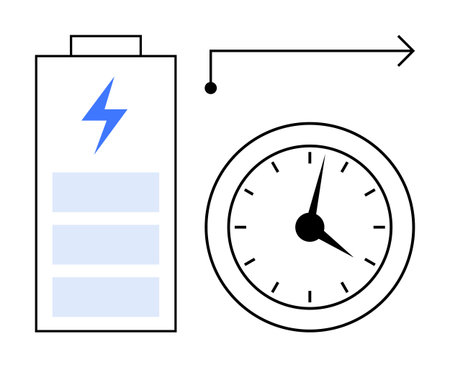 Battery with lightning bolt, clock with arrow suggests energy storage, time measurement, and optimization. Ideal for technology, sustainability, efficiency, productivity, innovation schedulingのイラスト素材