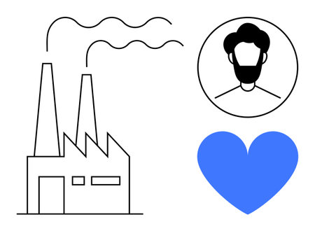 Factory with smoke, person s profile in a circle, and a blue heart suggest industrial impact, human focus, and care. Ideal for sustainability, environment, industry, humanity love corporate simpleのイラスト素材