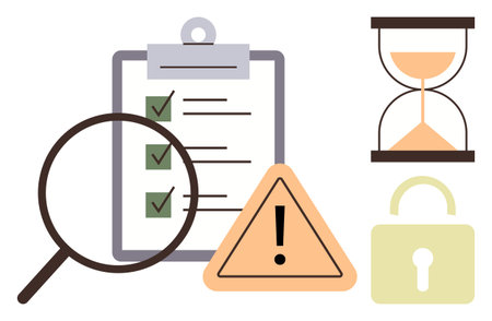 Magnifying glass over checklist, warning triangle, hourglass, and lock representing task analysis, risk management, time control, and security. Ideal for organization, quality control auditのイラスト素材