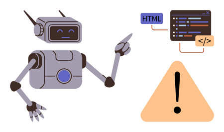 Robot pointing at a programming panel with coding lines and HTML tag alongside a warning sign. Ideal for programming, AI, technology, debugging, coding education, error detection, automationのイラスト素材
