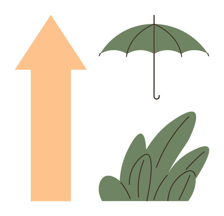 Orange arrow points up alongside green umbrella and leafy plants. Ideal for protection, growth, sustainability, nature, progress, insurance, eco-living themes. Minimalist flat metaphorのイラスト素材