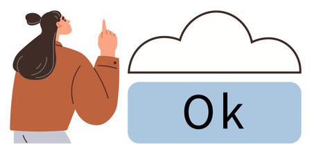 Woman pointing upwards at a cloud above a large Ok button. Ideal for concepts of cloud technology, decision-making, approval, validation, communication, simplicity, empowerment. Simple flat metaphorのイラスト素材