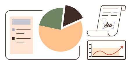Pie chart, line graph, checklist, and signed document representing data analysis, progress tracking, digital workflows, and business planning. Ideal for education, finance strategy researchのイラスト素材