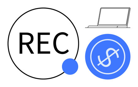 REC symbol with blue dot, laptop outline, and dollar sign highlighting audio recording, income generation, and digital services. Ideal for content creation, media, finance, technologyのイラスト素材